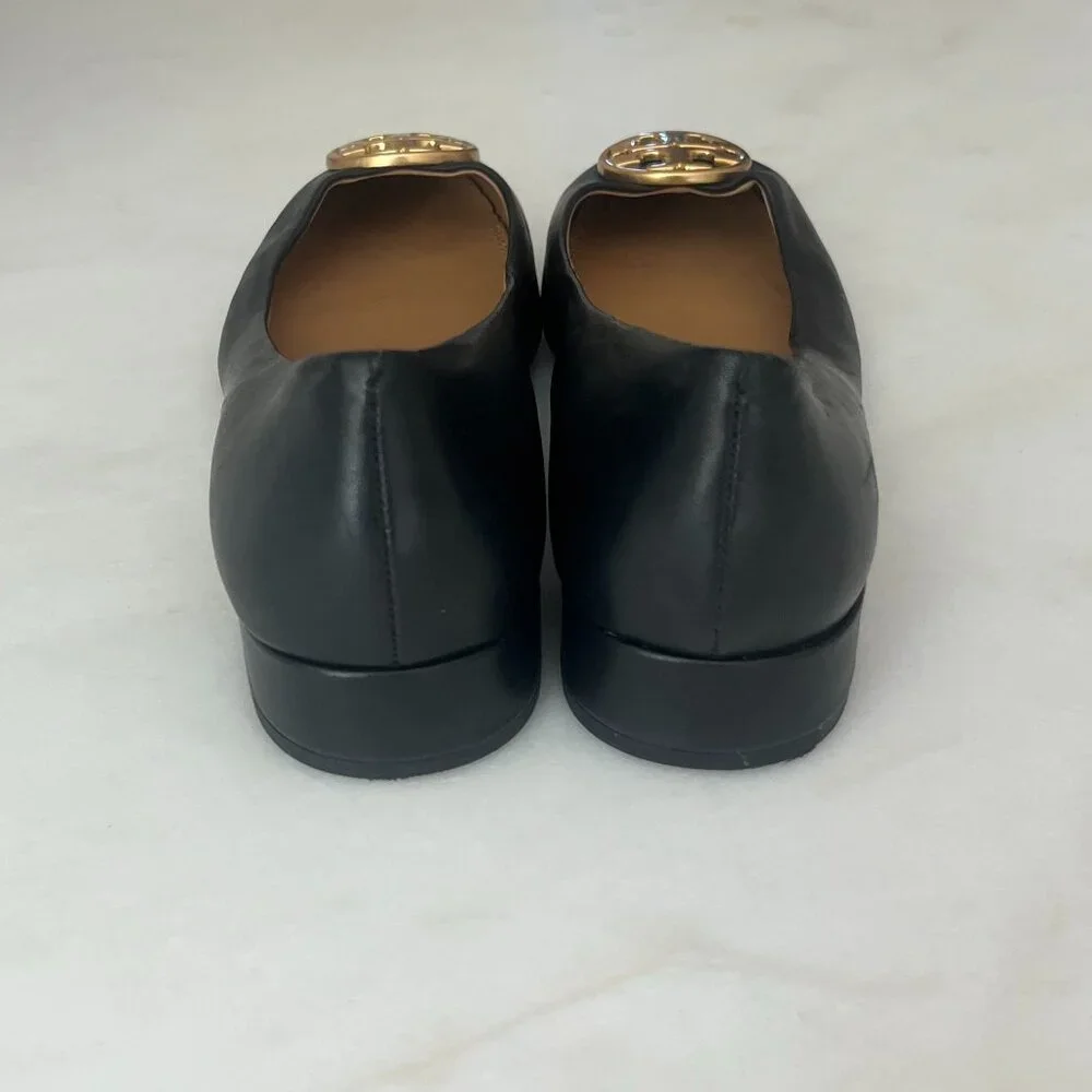 Tory Burch Black Leather Ballet Flats with Gold Logo Medallions